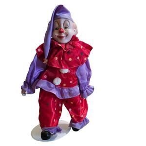 Vintage Porcelain Clown Doll Purple & Red Polka Dot Collectible Circus Figurine